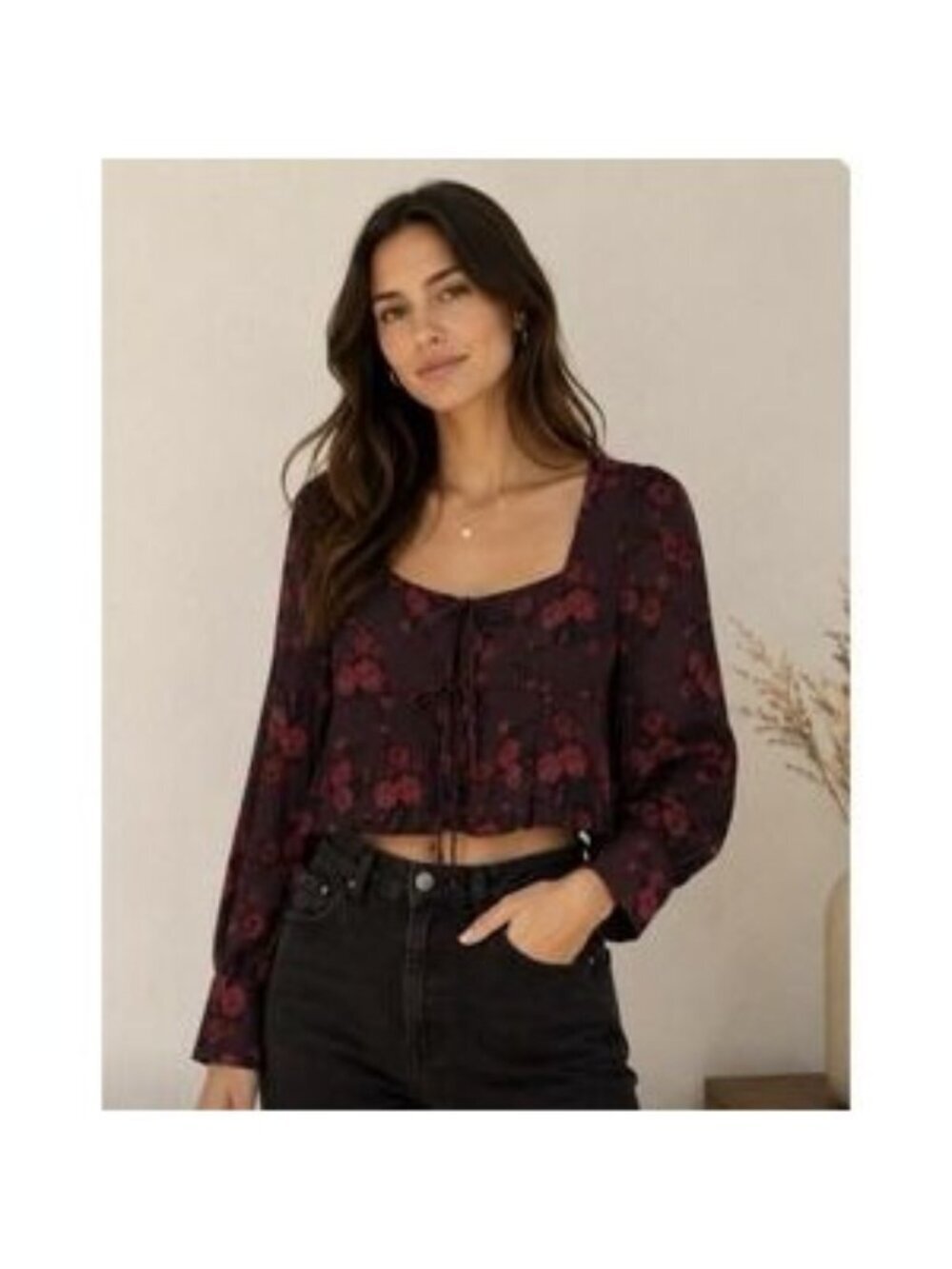 Leith Burgundy Red Tie Front Cropped Floral Long Sleeve Top Women Size L